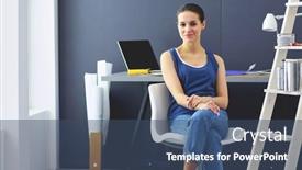  Presentation with desk - Presentation theme enhanced with young-woman-sitting background and a ocean colored foreground