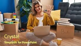  Presentation with new home - Presentation having young-woman-sitting background and a tawny brown colored foreground