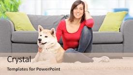  Presentation with lens - Colorful PPT theme enhanced with young woman sitting on the floor with her pet dog in front of a modern sofa at home shot with tilt and shift lens backdrop and a lemonade colored foreground
