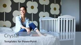  Presentation with childrens - Cool new PPT layouts with young woman sitting on the bed near childrens cot backdrop and a light blue colored foreground
