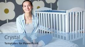  Presentation with childrens - Colorful theme enhanced with young woman sitting on the bed near childrens cot young mom backdrop and a light blue colored foreground
