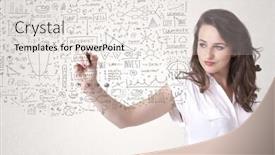  Presentation with thoughts - Cool new presentation theme with young woman sketching and calculating thoughts and ideas backdrop and a white colored foreground