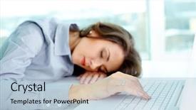  Presentation with workplace and time - Theme enhanced with young woman sleeping at workplace background and a light blue colored foreground
