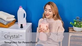  Presentation with laundry detergent - Presentation theme having young-woman-smelling-detergent-waiting background and a light gray colored foreground