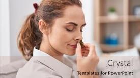  Presentation with bud - PPT theme with young-woman-smelling-marihuana-bud background and a coral colored foreground