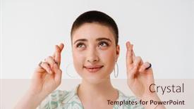  Presentation with fingers - Slide set enhanced with young-woman-smiling-and-holding background and a  colored foreground