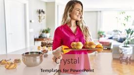 Presentation with cupcakes - Presentation design enhanced with young-woman-smiling-confident-holding background and a coral colored foreground
