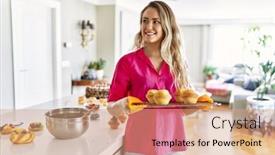  Presentation with confident - PPT theme with young-woman-smiling-confident-holding background and a coral colored foreground
