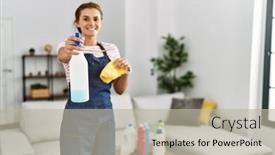  Presentation with sprayer - Presentation design enhanced with young-woman-smiling-confident-holding background and a mint green colored foreground