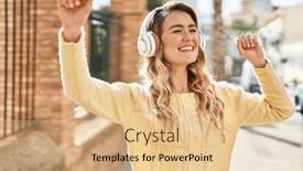  Presentation with dance and music - Presentation design consisting of young-woman-smiling-confident-listening background and a coral colored foreground