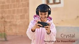  Presentation with video game - PPT theme having young-woman-smiling-confident-playing background and a  colored foreground