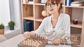  Presentation with chess - Slides with young-woman-smiling-confident-playing background and a coral colored foreground