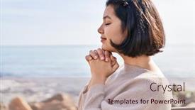  Presentation with black woman praying - Presentation design having young-woman-smiling-confident-praying background and a coral colored foreground