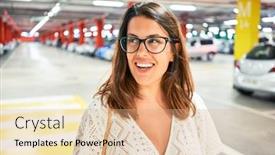  Presentation with parking lot - Audience pleasing presentation design consisting of young woman smiling confident at underground parking lot around cars and lights backdrop and a coral colored foreground