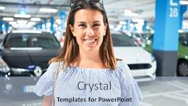  Presentation with parking lot - PPT theme consisting of young woman smiling confident at underground parking lot around cars and lights background and a light blue colored foreground