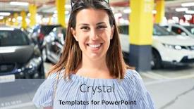  Presentation with parking lot - Audience pleasing presentation consisting of young woman smiling confident at underground parking lot around cars and lights backdrop and a light blue colored foreground