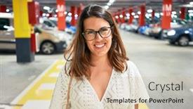  Presentation with parking lot - Cool new slide deck with young woman smiling confident at underground parking lot around cars and lights backdrop and a soft green colored foreground