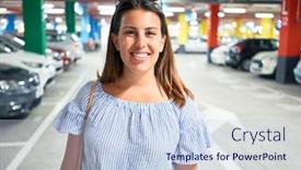  Presentation with parking lot - Cool new presentation theme with young-woman-smiling-confident backdrop and a sky blue colored foreground