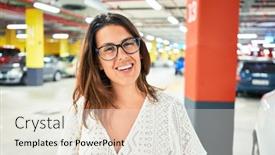  Presentation with parking lot - PPT theme with young-woman-smiling-confident background and a sky blue colored foreground