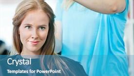  Presentation with haircut - Audience pleasing PPT layouts consisting of young woman smiling while hairdresser getting her ready for haircut at parlor backdrop and a teal colored foreground