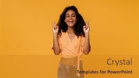  Presentation with fingers - PPT layouts consisting of young-woman-smiling-while-holding background and a gold colored foreground