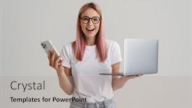  Presentation with laptop - Colorful PPT layouts enhanced with young-woman-smiling-while-posing backdrop and a coral colored foreground