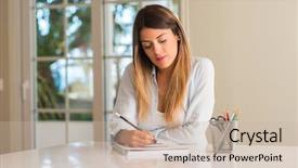  Presentation with young business woman smile show - Presentation theme with young woman smiling while writting background and a soft green colored foreground