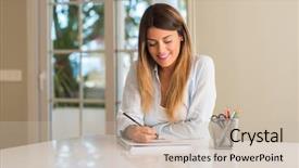  Presentation with beautiful black women smiling - Audience pleasing theme consisting of young woman smiling while writting backdrop and a soft green colored foreground