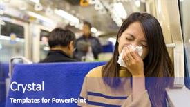  Presentation with sneezing - Presentation theme having young woman sneezing on train background and a ocean colored foreground