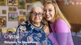  Presentation with elderly home - Amazing PPT theme having young-woman-spending-time backdrop and a ocean colored foreground