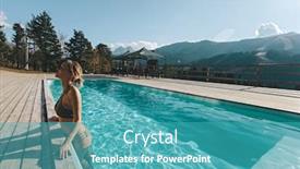  Presentation with mountain luxury resort - PPT theme consisting of young woman spending winter or spring vacation in luxury spa resort with swimming pool over alpine mountain landscape background and a teal colored foreground