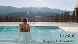  Presentation with mountain luxury resort - Beautiful PPT layouts featuring young woman spending winter or spring vacation in luxury spa resort with swimming pool over alpine mountain landscape backdrop and a light blue colored foreground