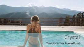  Presentation with mountain luxury resort - Slide deck with young woman spending winter or spring vacation in luxury spa resort with swimming pool over alpine mountain landscape background and a light blue colored foreground