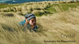  Presentation with concert symphony woman dancing in grass - Presentation theme featuring young-woman-squatting-in-tall background and a yellow colored foreground