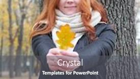  Presentation with give - Amazing presentation theme having young woman stand near tree in autumn park and give yellow leaf backdrop and a dark gray colored foreground