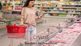  Presentation with raw meat - Slides having young-woman-standing-in-aisle background and a coral colored foreground