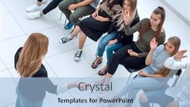  Presentation with diverse people - PPT theme enhanced with young-woman-standing-in-front background and a light blue colored foreground