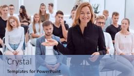  Presentation with audience - Audience pleasing slide deck consisting of young-woman-standing-in-front backdrop and a light blue colored foreground