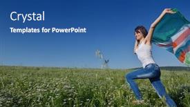  Presentation with summer wheat field blue - Theme with young woman standing jumping and running on a wheat field with blue sky in background at summer day representing healthy life and agriculture concept background and a ocean colored foreground