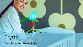  Presentation with young children - Slide deck with young woman standing near children's cot background and a light blue colored foreground