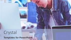  Presentation with desk - Cool new presentation with young-woman-standing-near-desk backdrop and a light blue colored foreground