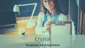  Presentation with desk - Beautiful presentation theme featuring young-woman-standing-near-desk backdrop and a mint green colored foreground