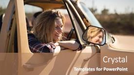  Presentation with car door - PPT theme enhanced with young-woman-standing-near background and a coral colored foreground
