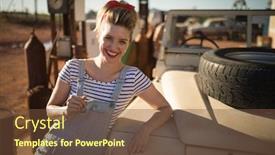  Presentation with pump - Presentation theme with young-woman-standing-near background and a tawny brown colored foreground