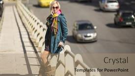  Presentation with busy street - Presentation design with young woman standing near a busy street background and a coral colored foreground