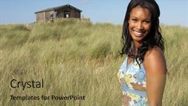  Presentation with hut - Beautiful PPT theme featuring young woman standing on beach amongst dunes with beach hut in distance backdrop and a coral colored foreground