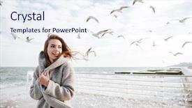  Presentation with beautiful black women smiling - Slide deck consisting of young woman standing on pier background and a sky blue colored foreground