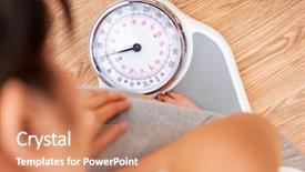  Presentation with female - Beautiful PPT theme featuring young woman standing on weighing backdrop and a coral colored foreground