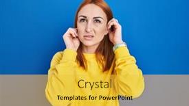  Presentation with blue music - Presentation consisting of young-woman-standing-over-blue background and a yellow colored foreground