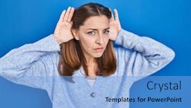  Presentation with blue - Presentation with young-woman-standing-over-blue background and a light blue colored foreground